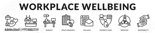 Workplace wellbeing banner emphasizing balanced policies, employee care, and supportive organizational culture. in Lineal Icon Style