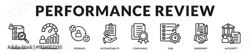Performance review theme showcasing structured evaluation processes and accountable organizational oversight. in Lineal Icon Style
