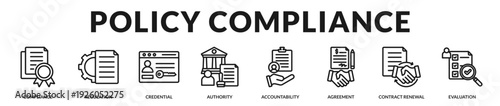 Policy compliance banner presenting structured governance, documentation, and regulatory oversight systems. in Lineal Icon Style