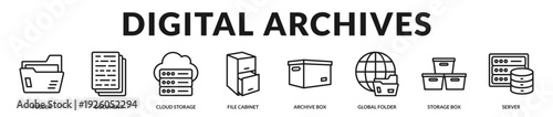 Digital archives banner presenting structured document repositories and secure storage infrastructure. in Lineal Icon Style