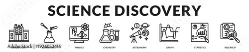 Science discovery banner emphasizing analytical research, experimentation, and academic investigation. in Lineal Icon Style