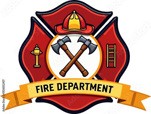 Fire Department Shield Badge Logo Vector Cartoon Illustration Red Gold Crossed Axes Firefighter Helmet Ribbon Banner Colorful Emblem
