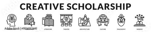 Creative scholarship banner blending intellectual depth with artistic and cultural expression. in Lineal Icon Style