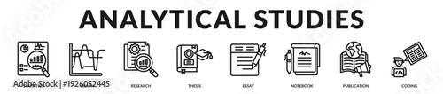 Analytical studies banner presenting data driven research, structured evaluation, and academic precision. in Lineal Icon Style
