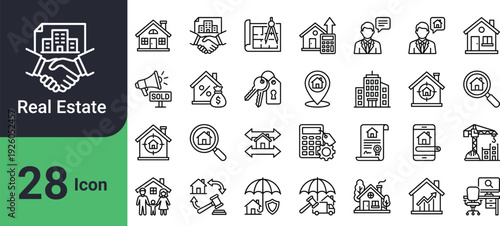 Collection of real estate icons depicting homes agreements and related concepts