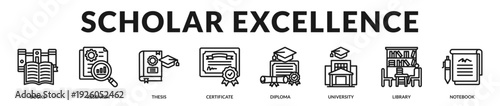 Scholar excellence banner highlighting academic achievement and distinguished educational attainment. in Lineal Icon Style