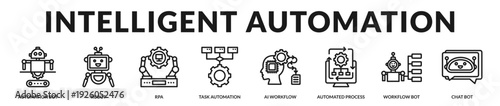 Intelligent automation banner presenting advanced robotic workflows and enterprise process orchestration. in Lineal Icon Style