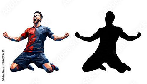 Celebratory soccer player contrasted with a shadowy silhouette in defeat pose