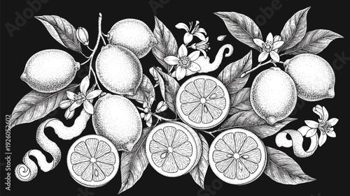 Botanical lemon illustration with whole fruit, slices, peels, blossoms, and leaves in detailed black-and-white artistic citrus composition.