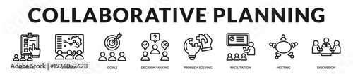 Collaborative planning banner showcasing structured dialogue and solution oriented teamwork. in Lineal Icon Style