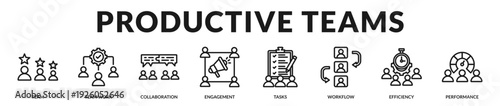 Productive teams banner emphasizing engaged collaboration and measurable workplace outcomes. in Lineal Icon Style