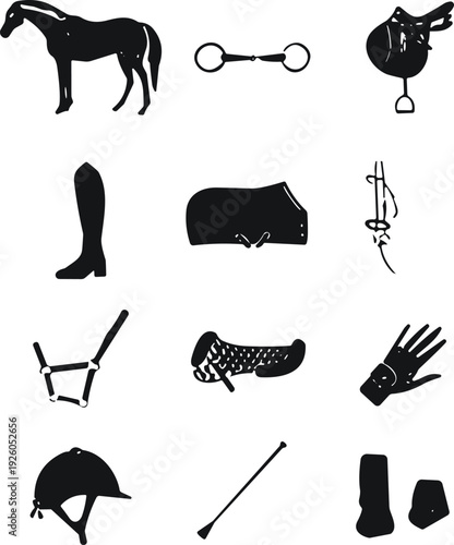 Black Vector Silhouettes of Equestrian Equipment and Horse Riding Gear Icons Including Saddle Bridle Helmet Boots Whip Halter Blanket and Horse Anatomy for Sport Design