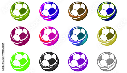 Colorful collection of spherical soccer balls with unique patterns and designs