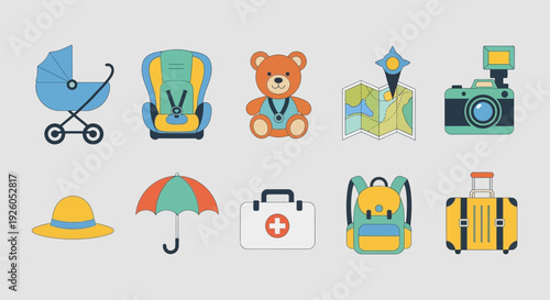 Ten flatdesign icons for travel and baby gear arranged in two rows