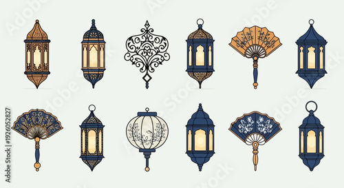 Twelve decorative Islamic art icons lanterns and fans
