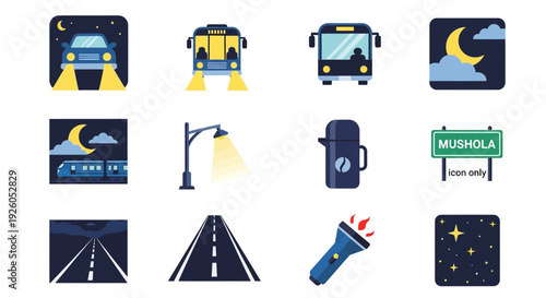 Twelve nighttime and travelrelated icons arranged in a 3x4 grid