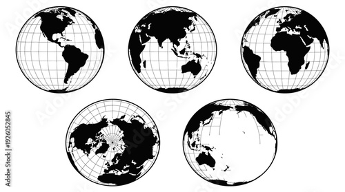 Diverse Global Perspectives: Set of Five Black & White Grid Earth Maps Illustrating Continents & Hemispheres
