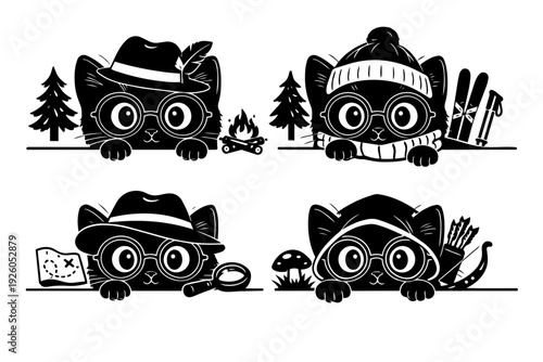 Cute black cat with glasses peeks over a line. Outdoor adventure kitty set in four scenes.