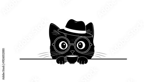 Cute black cat drinks coffee. Funny kitty set with cups and snacks.