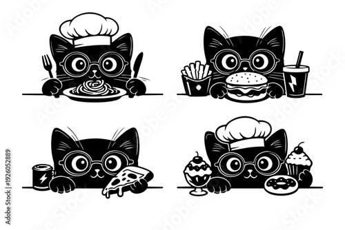Cute black cat eats different food. Funny kitty set with fast snacks.