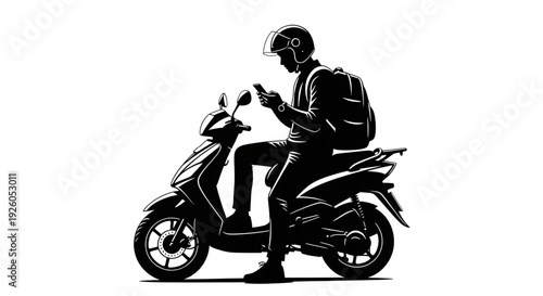 Silhouette of a delivery courier with backpack sitting on a motor scooter and using a smartphone