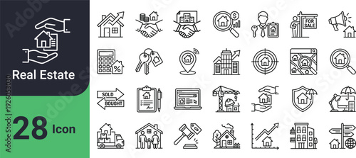 Real estate icons depicting housing finance and property concepts
