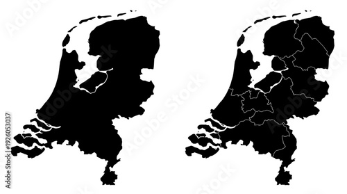 Netherlands Map Black Silhouettes: Country Outline & Provinces. Blank Political Geographic Region Boundary Cartography.