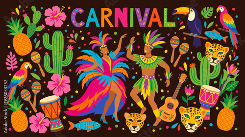 Vibrant Brazilian Carnival Celebration Vector Illustration with Dancers, Tropical Animals, Flora, and Musical Instruments - Festive Holiday Background