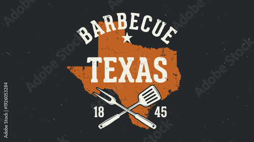 Vintage Texas Barbecue Emblem with State Map, Grilling Tools, and Rustic Texture
