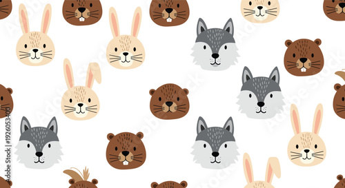A cute and seamless woodland animal pattern featuring the adorable cartoon faces of rabbits grey wolves and brown beavers.
