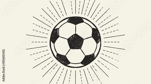 Vintage Soccer Ball Illustration with Grunge Texture and Sunburst Rays, Classic Football Sport Design Element
