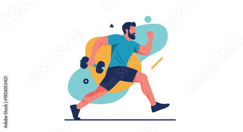 A strong bearded man in sportswear is exercising by running or doing lunges while holding a dumbbell against an abstract background.