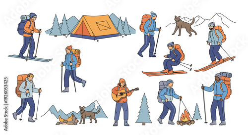 A large set of characters and elements for winter hiking and camping including people skiing playing guitar and sitting by a campfire.