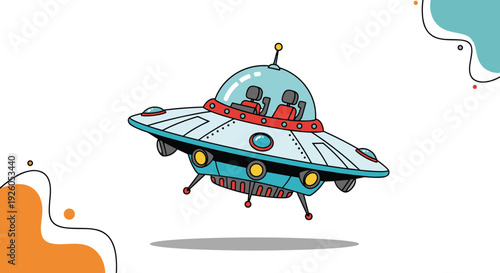 A classic cartoon flying saucer UFO with two green alien pilots inside is hovering above the ground with abstract shapes behind.