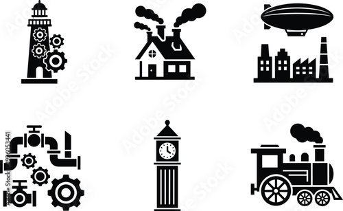 Steampunk industrial icon set featuring lighthouse gears, smoking factory, blimp airship, mechanical pipes, clock tower, and vintage steam engine locomotive train