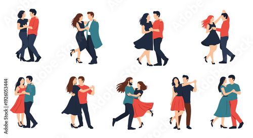 A collection of diverse and happy couples dancing together in various romantic and energetic dance styles on a white background.
