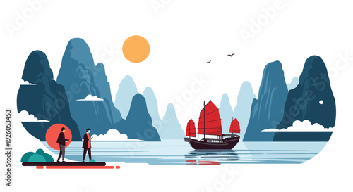 A scenic Asian landscape featuring a traditional red junk ship sailing in a bay with two people watching from the shore.