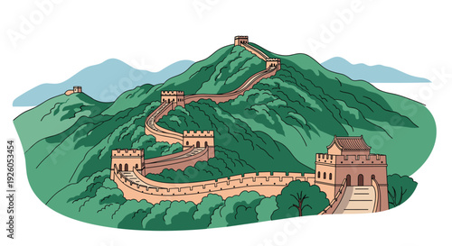 A beautiful scenic illustration of the historic Great Wall of China winding through the lush green mountains and hillsides.