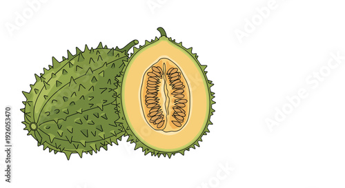 A detailed illustration of a whole and a halved kiwano or horned melon showing its spiky green rind and seedy orange flesh.