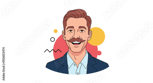 A cheerful and stylish man with brown hair and a prominent handlebar mustache is smiling happily in this cartoon vector portrait.