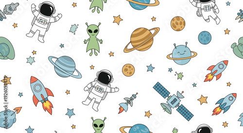 A cute and playful seamless space pattern for kids featuring cartoon astronauts aliens planets rockets and stars on a white background.