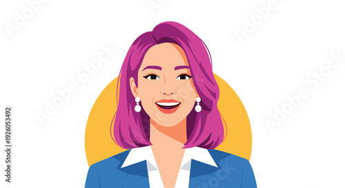 A beautiful and confident modern business woman with stylish short pink hair is smiling happily in this cartoon vector portrait.