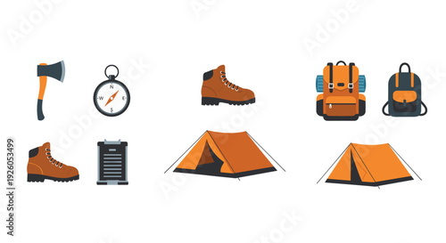 A collection of essential camping hiking and outdoor adventure equipment icons including a tent backpack boots and a compass.
