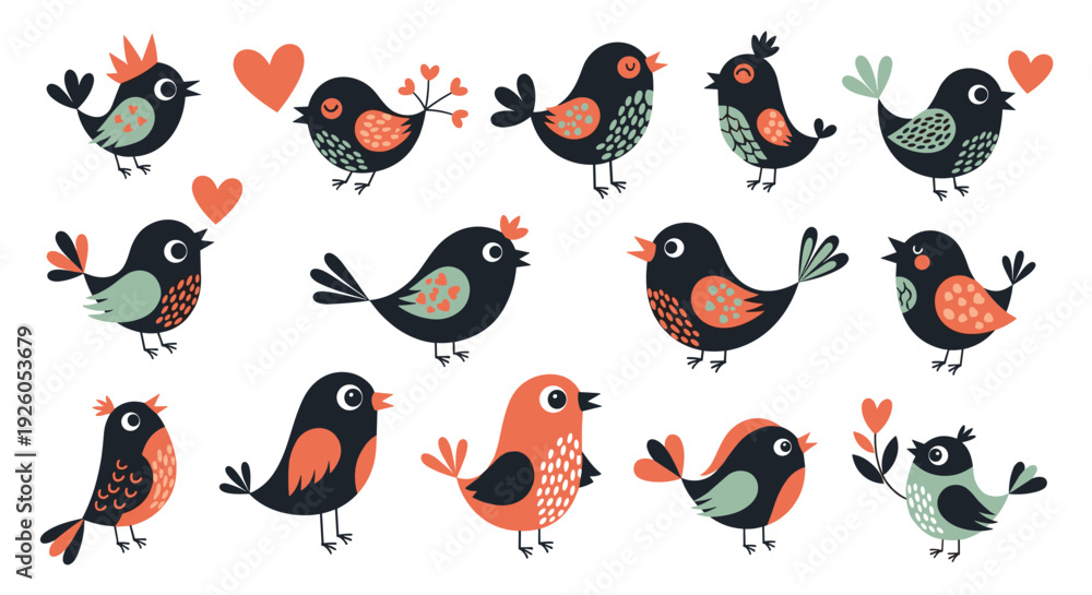 Obraz premium Adorable collection of hand-drawn cartoon birds in various poses with love hearts for spring or romantic themed vector designs.