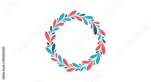 A beautiful and simple round wreath made of stylized leaves in festive shades of red blue and turquoise on a white background.
