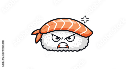An angry salmon nigiri sushi cartoon character with a furious expression and clenched teeth isolated on a plain white background.