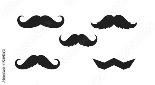 A set of five different black silhouette icons of classic and retro style mustaches for a gentleman or hipster character design.