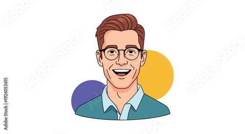Illustrated headshot of a cheerful young professional man with glasses and stylish brown hair smiling warmly against colorful circles.
