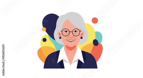 Vector portrait of a smiling and confident senior businesswoman with grey hair and glasses against a colorful abstract background.