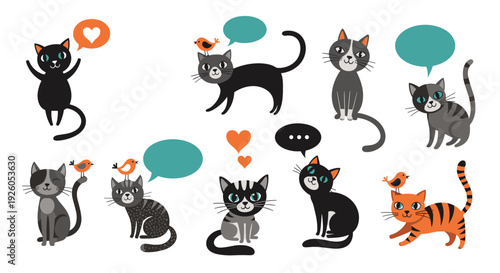 Collection of adorable and funny cartoon cats with birds and speech bubbles for communication and love concepts on a white background.